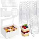 Dessert Shooter Boxes Set Include Transport Boxes Square Mini Dessert Cups Spoons Cupcake Carriers Containers with Windows and Inserts for Bakery Party Supplies(5 oz,Clear,125 Pcs)