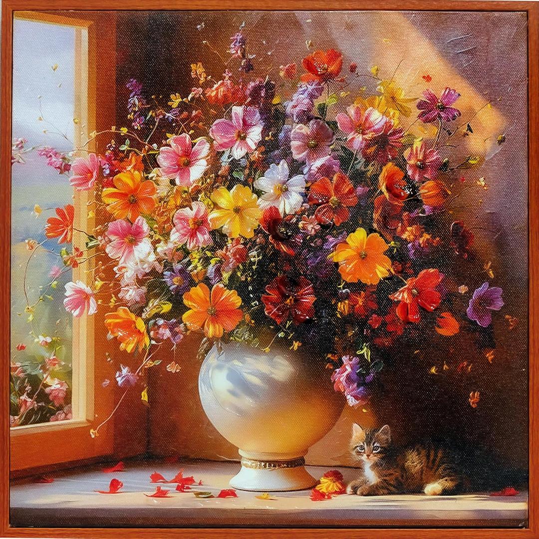 3D Textured Floral Canvas Wall Art  Nature Poster and Print, Vibrant Flowers & Cat Design, Waterproof & Framed Home Decor for Living Room, Bedroom, Office or Gift. (Flowers and a fluffy kitten)