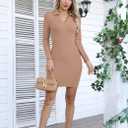 Valiamcep Women's Dress Long Sleeve V Neck Collared Ribbed Knit Bodycon Mini Pencil Dresses (M)