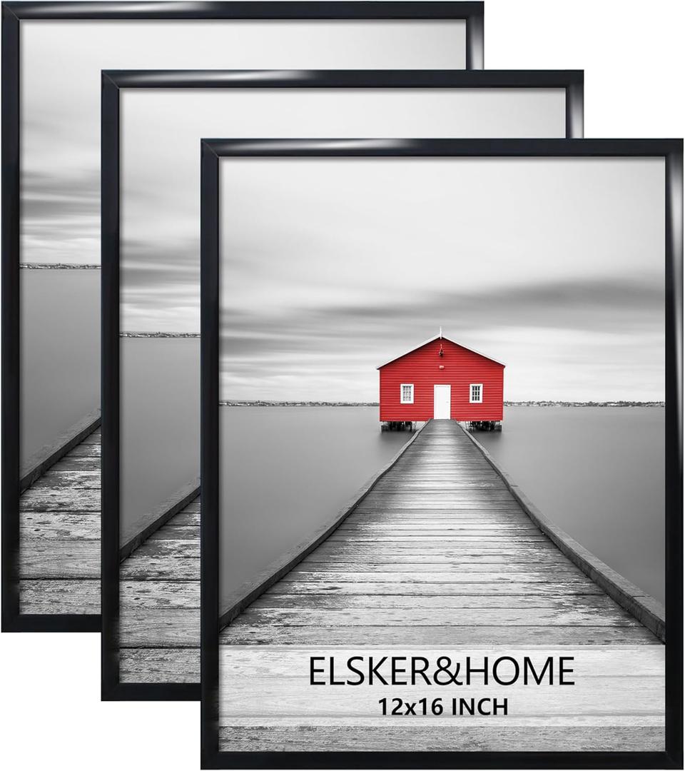 ELSKER&HOME 12x16 Poster Frame 3 Pack, Black Picture Frame for Horizontal or Vertical Wall Mounting, Sturdy and Scratch-proof