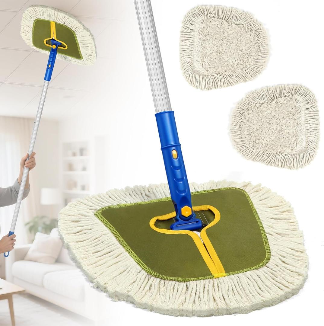 Commercial Dust Mop for Hardwood Floors Cleaning,Industrial Dry Mop Broom with 2 Replacement Wedge Cotton Mop Pads for Walls,Hardwood,Laminate, Vinyl,Tile,Home,Warehouse Floor Duster,Green 1 Count (Pack of 1)