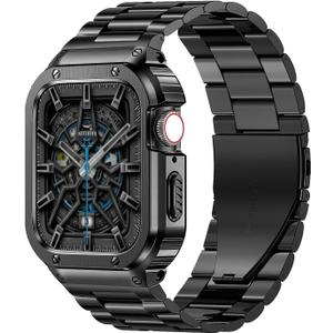 MioHHR Stainless Steel Band and Case Compatible with Apple Watch Band 42mm Series 10, Men Metal Protective Bumper Cover for iWatch Series 10 42mm, Black