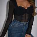 SweatyRocks Women's Sheer Floral Lace Long Sleeve Bodysuit Tops Sweetheart Neck Jumpsuit Black Lace Medium