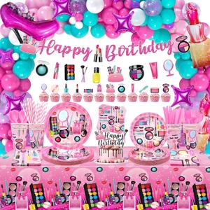 Spa Birthday Party Decoration - Makeup Party Favors, Plates Cups Napkins Tablecloth Cutlery Happy Birthday Banner Balloons Arch Cake Toppers for Girls Women Slumber Pamper Spa Party Supplies (Banner)