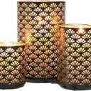 JHY DESIGN Set of 3 Metal Candle Holders Bronze Hurricane Pillar Candleholder Vintage Table Candlestick Holders Great Centerpieces for Home Decor Wedding Parties Events (Black)