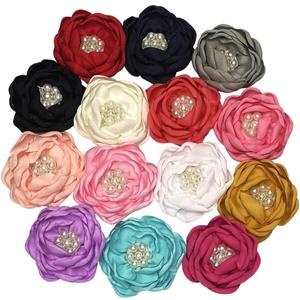 Pack of 14pcs Big 2"(5cm) Chiffon Ribbon Flowers Bows Hair Clip Headband Making Appliques Wedding Craft Mix (Beads Center Flower, 2")