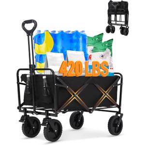 420LBS Heavy-Duty Collapsible Wagon Cart | All-Terrain Folding Utility Wagon with Drink Holders, Steel Frame & Waterproof Fabric | Perfect for Beach, Camping, Gardening, Grocery Shopping
