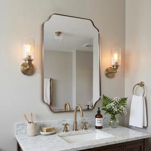 MIRRORART 30x40 Large Brushed Champagne Bronze Scalloped Bathroom Mirror, Rounded Notched Corner Rectangle Vanity Mirror for Bathroom Sink, 1 Premium Metal Frame Mirror Hang Vertical/Horizontal