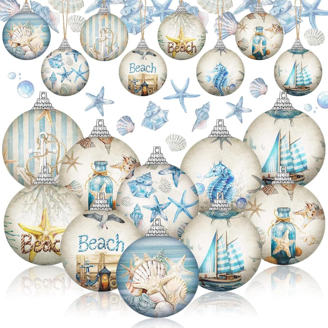 Outus 16 Pcs Summer Beach Ornaments Ball Ocean Beach Decorations for Tree Coastal Nautical Navigation Seashell Hanging Ornaments Xmas Decorations for Home Small Tree Fireplace Holiday Party Favors
