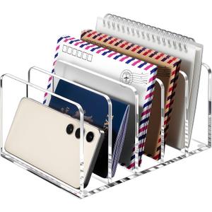 BEYGORM Acrylic Mail Holder, Clear Multifunction Desk Organizer with Divider, Vertical Letter Sorter for Desktop, 5 Compartments Modern Office Home Envelope Organizer for Folder, Document, Notebook