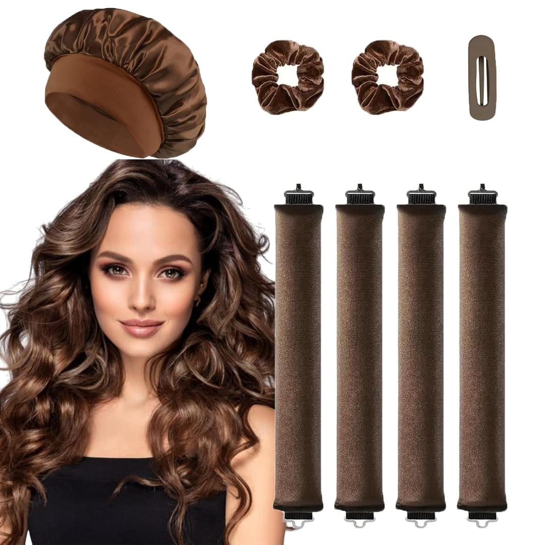 Heatless Curls Overnight Hair Curlers - 4 Pcs No-Heat Curling Rod to Sleep In and Shower Cap,Velvet Hair Rollers with Satin Wrap