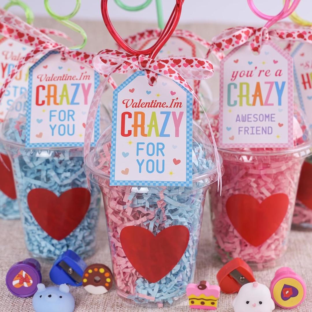 Zesua Valentines Day Gifts for Kids - 24 Pack Valentines Day Stationery Gift with Crazy Straws Cards Stickers Erasers Stampers Sharpener Cups Classroom Prize School Exchange Boys Girls Party Favors