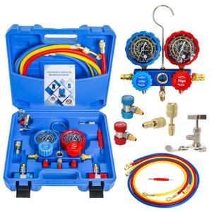 AC Gauge Set, AC Manifold Gauge Set for R134a R12 R22 R502 Refrigerant, 3-Way Car A/C Gauge Set with 3.6FT Hoses Adapter Couplers and Can Tap Freon Recharge Kit by MCCKLE