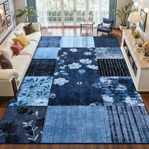 DweIke Washable 8x10 Area Rugs for Living Room, Large Modern Geometric Floral Bedroom Rug, Non-Slip and Stain Resistant Low Pile Throw Carpets for Dining Room Home Hardwood Floor Decor, Navy Blue