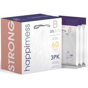 happimess HPM3000B-WHITE 5.3 Gallon Kitchen Drawstring Trash Bags, Trash Can Liner, White, 60-Count, 3-Packs of 20 Liners