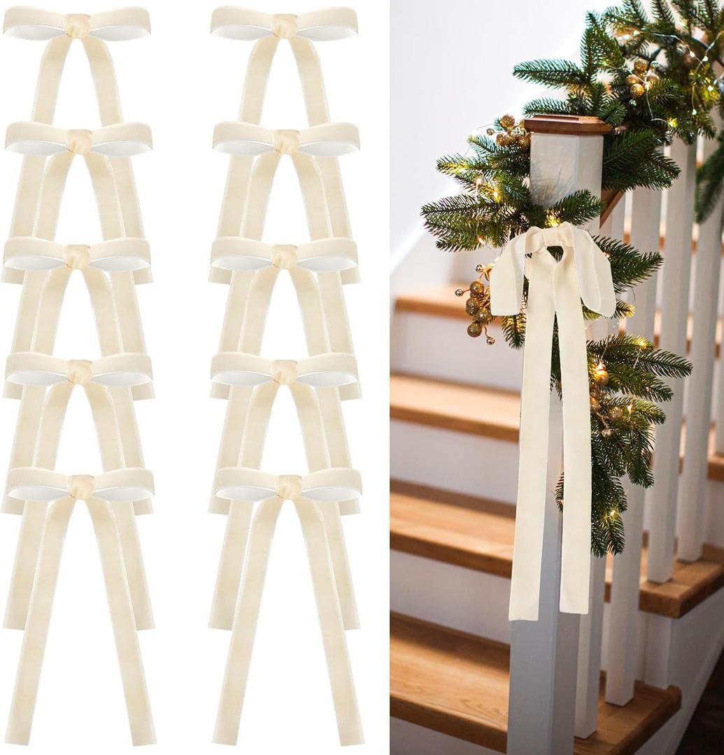 Beige 24 Pcs Velvet Bows Christmas Tree Ornaments Valentines Day Bows Decoration for Garland Home Coquette Wedding Decor (9 x 13 Inch,Width of 1")