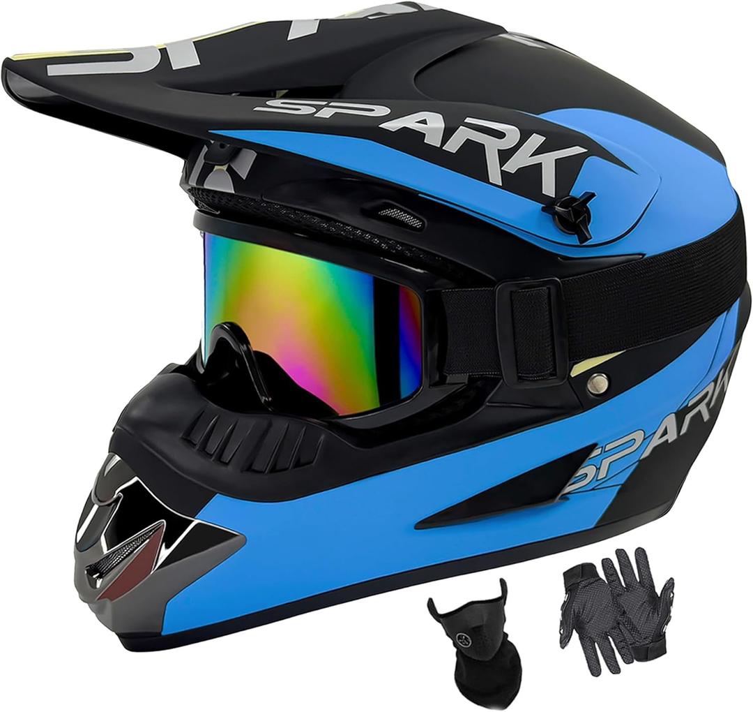 Youth Dirt Bike Helmets DOT Approved Fashion Kids Motocross, ATV, Off-Road, Four Wheelers, BMX Motorcycle Bike Helmets (Goggles Gloves Faceshield) (Medium, YS-Blue)