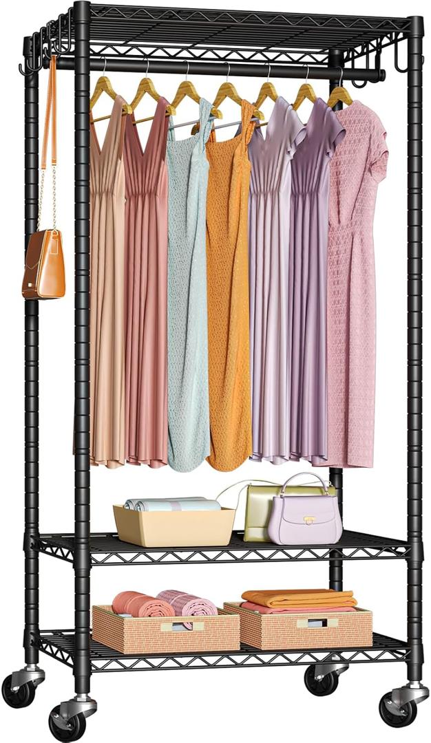 P6 Medium Rolling Clothes Rack Heavy Duty, Clothing Racks for Hanging Clothes, Freestanding Garment Rack with Wheels, Portable Closet Rack Max Load 370 LBS, 30''W x 14''D x 77.6''H, Black