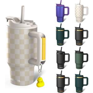 Frost Buddy Thicc Buddy - 16 oz Stainless Steel Vacuum Insulated Tumbler with Lid and Straw for Water - Travel Mug Cupholder Friendly - Gifts for Women Men Him Her (Beige Checkered)
