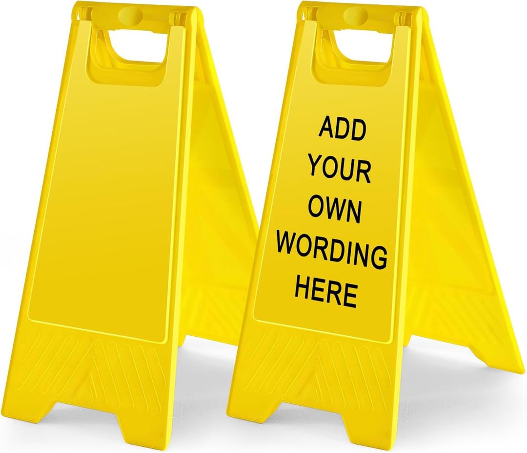 2 Pack 24" Height Blank Floor Sign Yellow A-frame Foldable Caution Sign Stick/Write-on Double Sided Safety Warning for Pool Restaurant Restroom Office