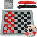 Giant Checkers Board Game Set,3 in 1 Tic Tac Toe Board Draughts Reversible Rug Game for Kids & Adults, Big Checker Floor Game Mat,Indoor Outdoor Yard Game for Family Camping Party