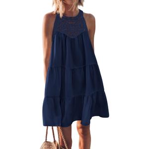 BTFBM Women Summer Dresses 2026 Casual Spring Clothes Sleeveless Halter Neck A-Line Boho Mini Dress Beach Vacation Sundress(Dark Blue, Large)