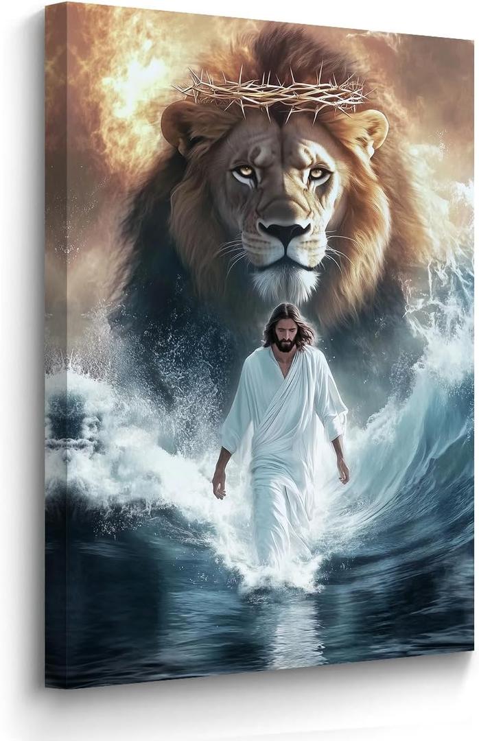 BJYCHG Pictures of Jesus Christ Framed God Lion King Walking on Water Canvas Prints Jesus Christian Painting Religious Artwork Church Office Decor (24L x 16W)