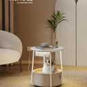 VASAGLE Side Table with Charging Station,Fabric Basket, LED Round End Table Modern Small Nightstand with USB Ports for Living Room, Bedroom, Matte White and Camel Brown, LILEA Collection ULET227W01, 17.7"D x 17.7"W x 19.7"H