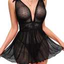 Lilosy Sexy Polka Dots Mesh Sheer Lace Babydoll Chemise Lingerie Set Floral Lace Sleep Wear (Black, Size XL)