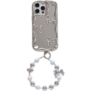 Electroplate Mirror Soft Case for iPhone X/iPhone Xs 5.8 inch,Soft TPU Wave Frame Shiny Make UP Mirror Creative Shockproof Full-Body Protection Women Girls Case with Bracelet Chain-Heart