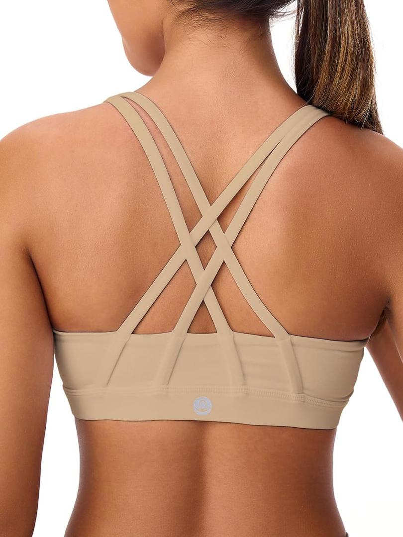 Omwilddo Women's Strappy Sports Bras Light Compression Crop Criss Cross Back Padded Workout Yoga Bra Supportive U Neckline Greige, M