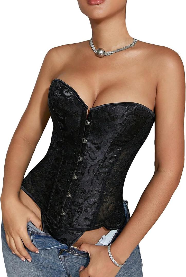 SOLY HUX Women's Lace up Strapless Overbust Corset Bustier Top Lingerie Push up Bodyshaper with Thongs 2 Piece (Medium, Pure Black)