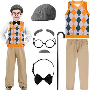 Liitrsh 8 Pcs Old Man Costume for Kids Grandpa Costume 100 Days of School Halloween Vest and Pants for Boys (5-7 Years, Yellow Green Plaid)