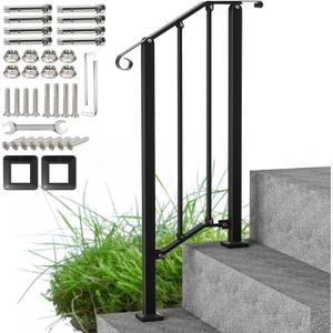 Outdoor Stair Handrails, 2 Steps Black Wrought Iron Railing Kits for Concrete or Wooden Porch Steps