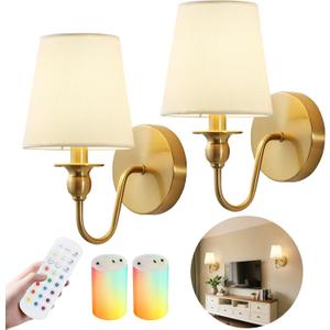 Battery Operated Wall Sconces set of Two,Wireless Wall Sconces with 10000mAh Dimmable Bulb and Remote,LED 15 Colors Rechargeable Gold Wall Sconce with Fabric for Bedroom Living Room Hallway Wall Decor (2 Pack)