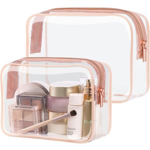 PACKISM TSA Approved Toiletry Bag - Clear Makeup Bag, Durable Clear Travel Bags for Toiletries with Supporting Frame, 1 Medium TSA Quart Carry-On, 1 Large Organizer for Check-in, Rose Pink
