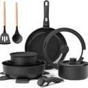 Ceramic Nonstick Cookware Set, Healthy, Non Toxic, 17-Pieces Pots and Pans Set Removable Handles, Induction RV Kitchen Set, Stain & Scratch-resistant, Dishwasher/Oven Safe, PFAS/PFOA Free, Black