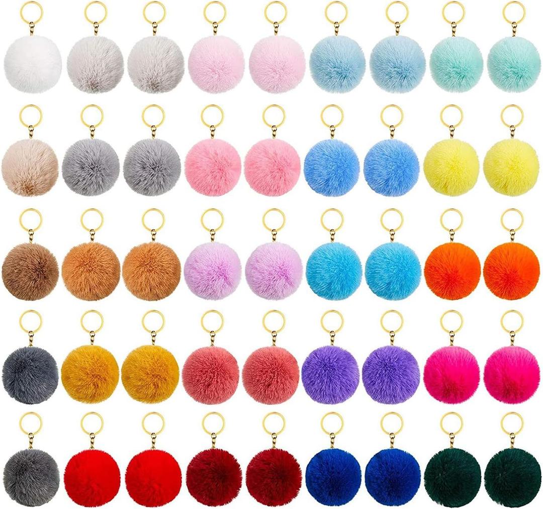 BetterJonny 50 Pcs Colorful Poms Keychains, 2.4inch Fluffy Ball Faux Fur Keyring Pom Pom for DIY Pendant Accessories