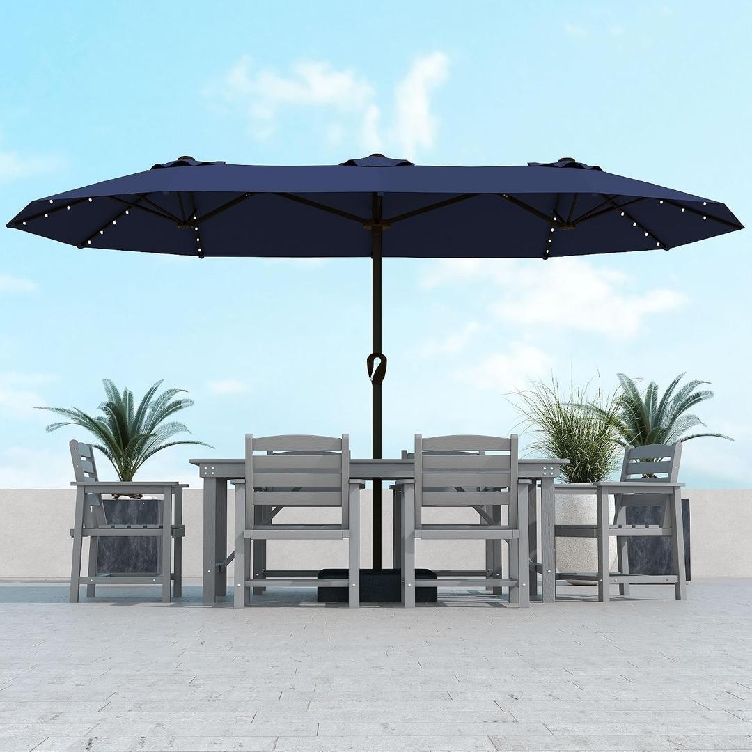 Kingdura 15ft Large Patio Umbrella with Solar Lights, Double-Sided Rectangle Lighted Outdoor Table Umbrella with Base Included, 12 Reinforced Ribs, 48 Led Lights, Crank Lift for Market Pool Deck Backyard, Navy blue