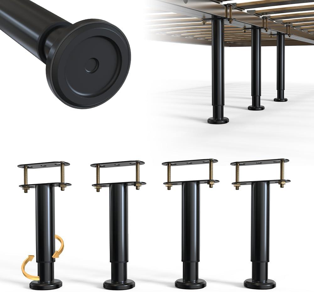 4Pcs Adjustable Height Bed Frame Support Leg, Extra Sturdy Steel Bed Frame Support Legs with Wider Rubber Base, More Stable/Quieter, Bed Slat Reinforcement Kit for King/Queen Bed (5"-8.6")