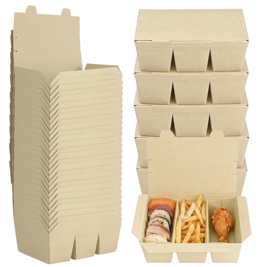 30 Pack 50 oz Paper To Go Containers, 3 Compartment Take Out Food Containers, Bamboo Pulp Paper Take Out Boxes, Microwavable, Leak and Grease Resistant for Restaurants, Picnics, Offices and Catering