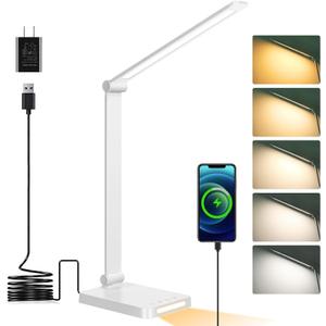 Dott Arts LED Desk Lamp with USB Ports, Touch Control, 5 Color Modes, 3 Brightness Levels, Foldable Design, White