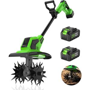 Cordless Tiller Cultivator, 360 RPM Tiller for Gardening with 2 x 21V 4.0Ah Batteries & Charger, 48 Steel Tines, 9” Tilling Width & 7” Depth for Lawn, Garden & Soil Cultivation