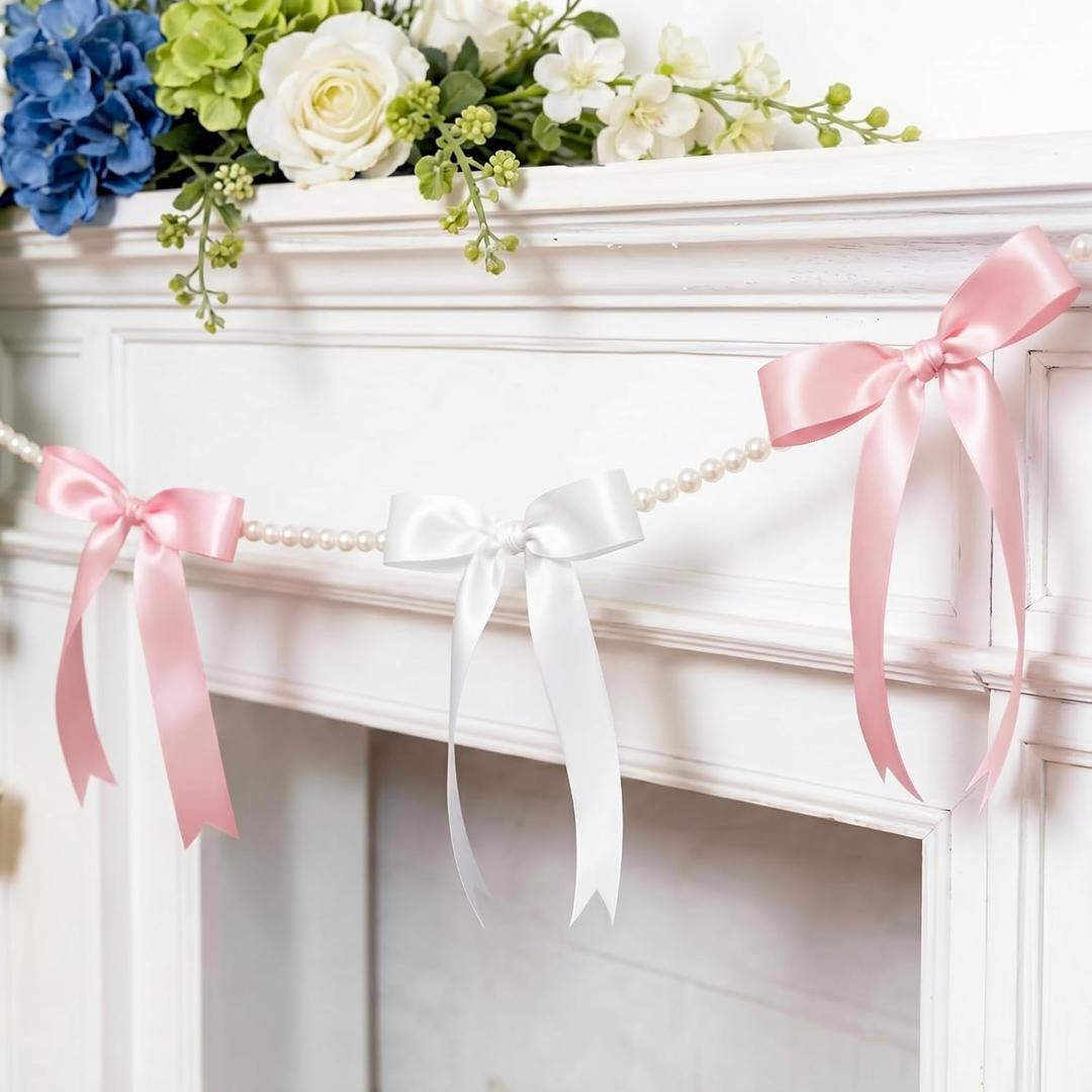 Riceshoot 2 Pack 6 ft Pink and White Bow Garland Banner with Pearl Chain, Pink Baby Shower Decor for Mother's Day Bow Decor, Coquette Party, Birthday, Bridal Shower, Wedding, Engagement, Graduation