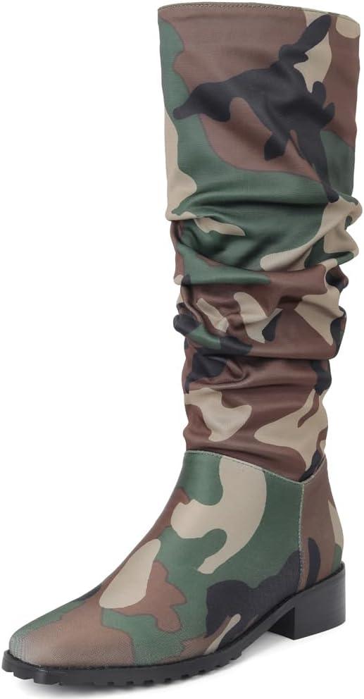 YIYA Women's Camouflage Slouchy Knee High Boots Square Toe Chunky Flat Heel Riding Combat Tall Pull On Boots (4, Brown)