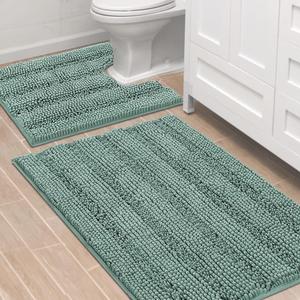 H.VERSAILTEX Bathroom Rugs Bath Rug Set 2 Piece Bathroom Contour Rug Toilet Mat Sets Non Slip Contour Bath Rug Ultra Thick Water Absorbent Striped Bath Mats(36" x 24" Plus 20" x 24" U, Eggshell Blue)