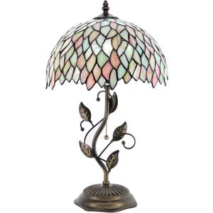 Tiffany Table Lamp, Stained Glass Style Desk Lamp, 12x12x19 Inch,Bedside Reading Light, Metal Leaf Base（Seven Color Wisteria Style