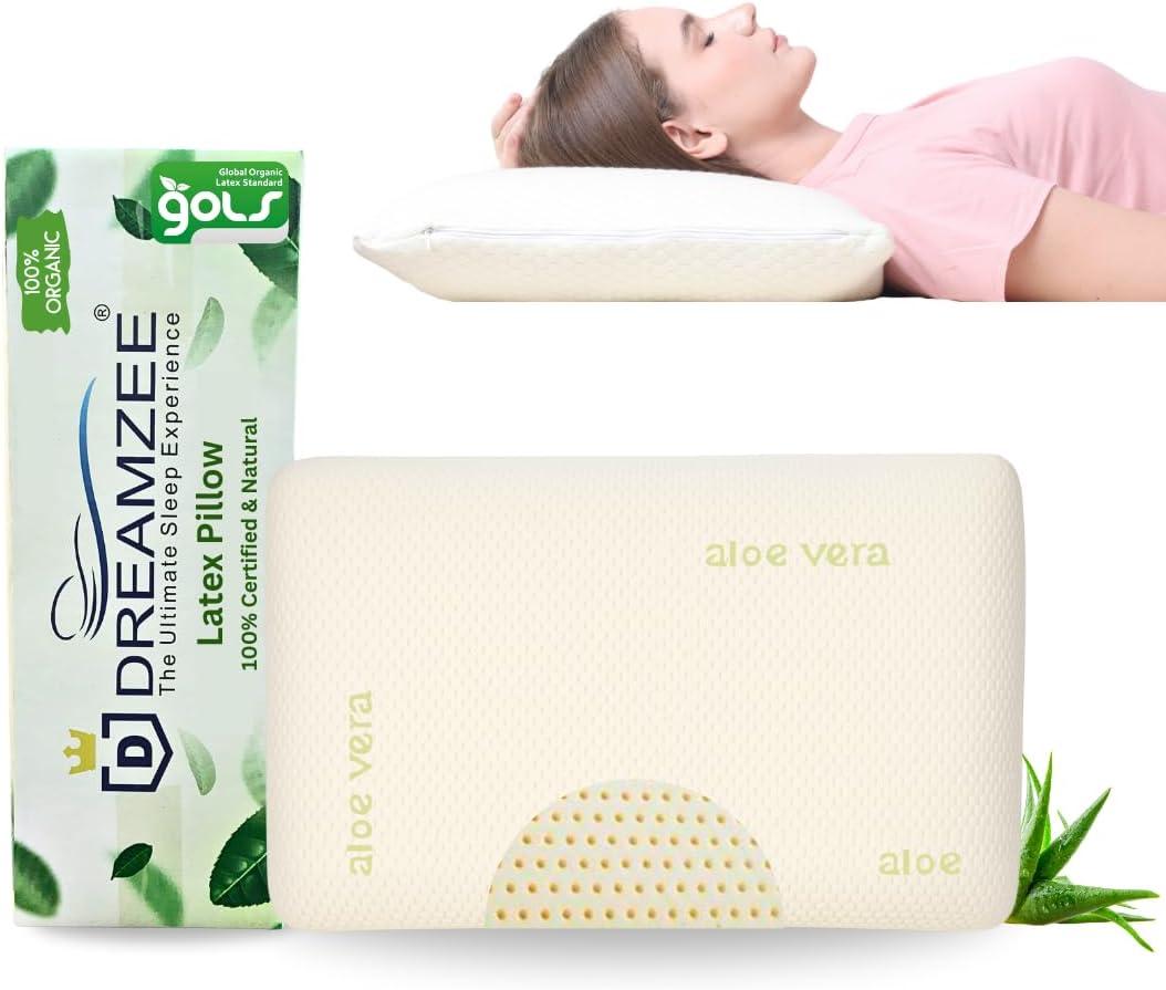 DREAMZEE Natural Latex Pillow with Aloe-Vera Zipper Fabric for Side and Stomach Sleepers Organic Bed Pillow Standard Size 24x16 Inches - with Organic Pillow Cover (Pc) Pack of 1 Off-White