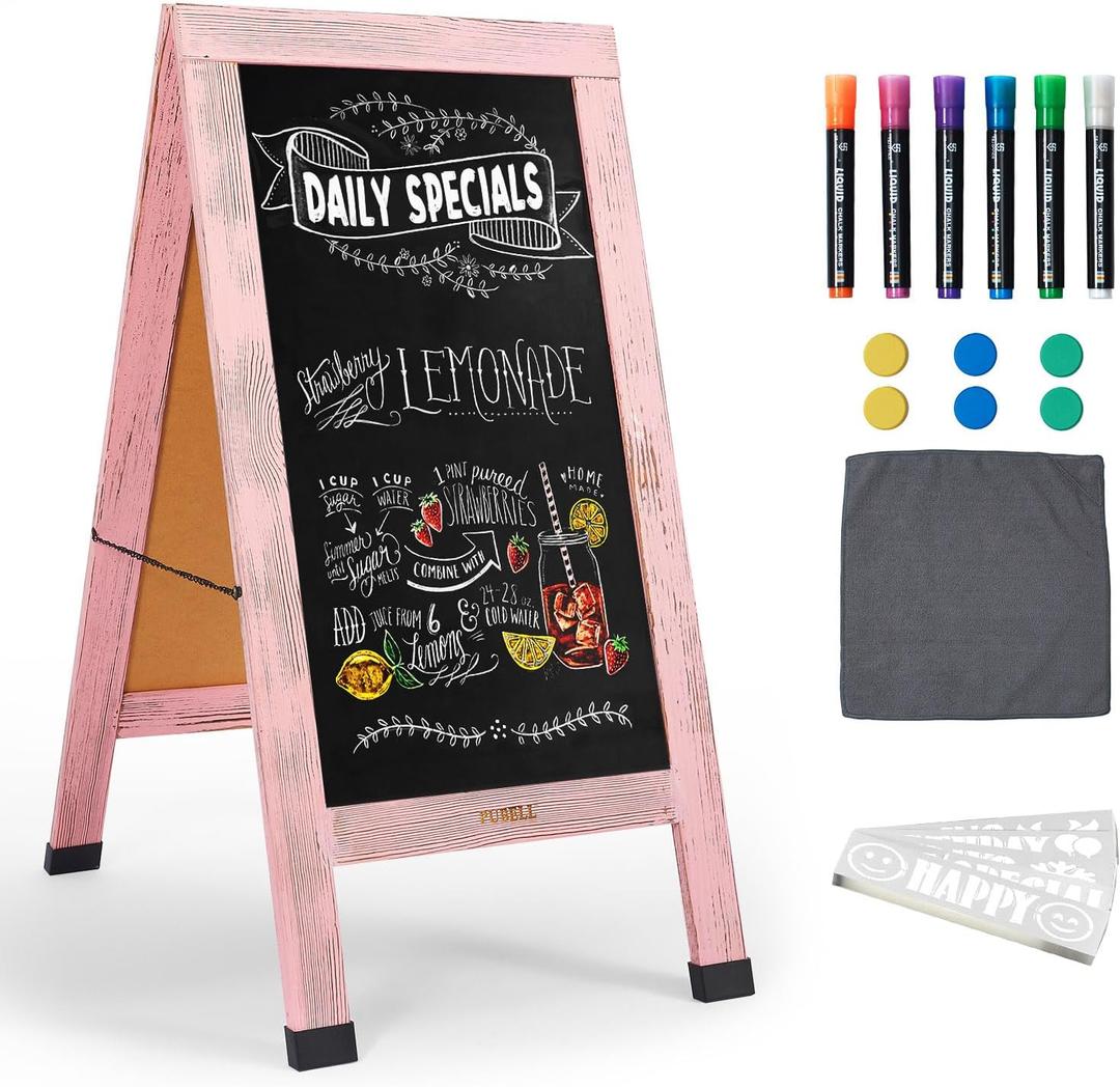 Large Sandwich A-Frame Chalkboard Sign - 40 x 20 Inches Pink Magnetic Wooden Chalk Board for Sidewalk, Stand up Double-Sided Outdoor Easel Display for Restaurant Cafe Shop Wedding Party or Business