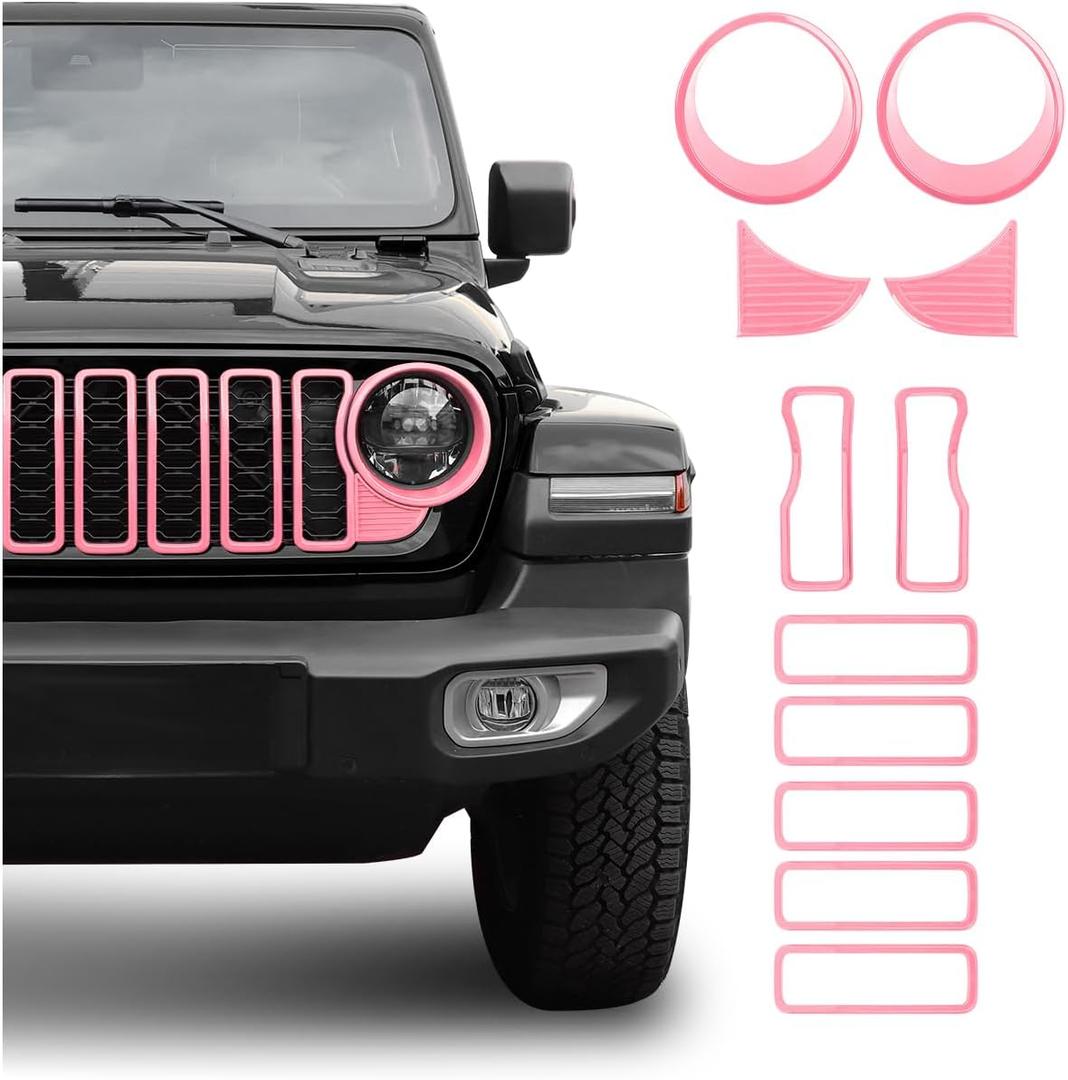 Front Grill Insert+Headlight Turn Light Cover Compatible with 2024-2026+ Jeep Wrangler JL JLU & Gladiator JT Exterior Accessories,Not Fit for JL Sport & Sports (Pink)